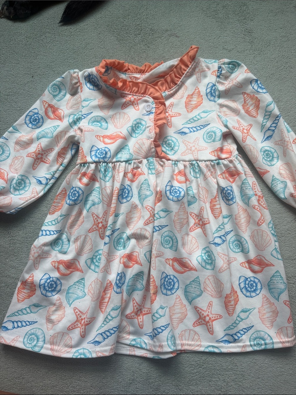 Seashell Print Long Sleeve Baby Dress - Coral & Aqua